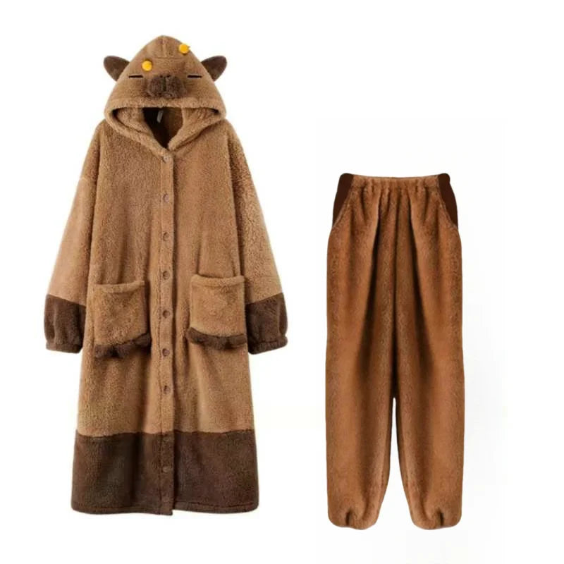 Capybara Winter Pajama Cartoon Cute Animal Soft Plush Jumpsuit For Adults Kawaii Velvet Pajama Night Robe Cosplay Clothes Gifts