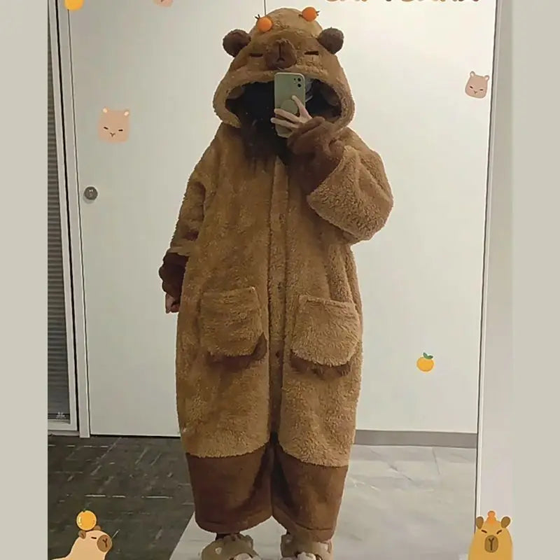 Capybara Winter Pajama Cartoon Cute Animal Soft Plush Jumpsuit For Adults Kawaii Velvet Pajama Night Robe Cosplay Clothes Gifts