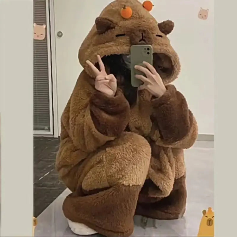 Capybara Winter Pajama Cartoon Cute Animal Soft Plush Jumpsuit For Adults Kawaii Velvet Pajama Night Robe Cosplay Clothes Gifts