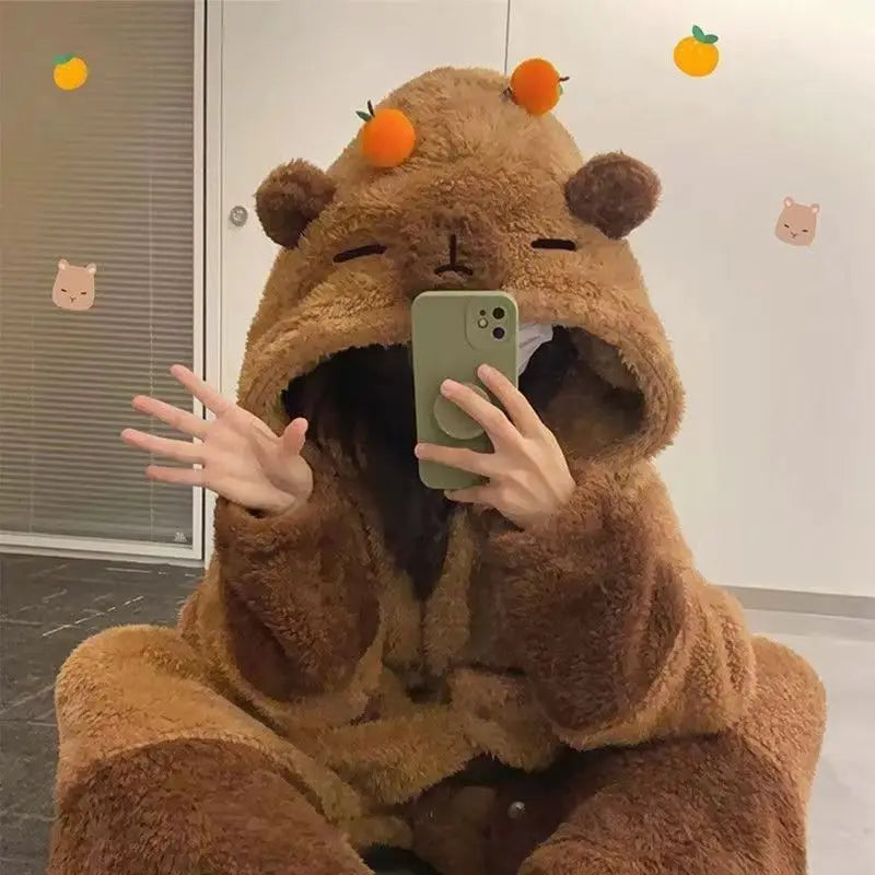 Capybara Winter Pajama Cartoon Cute Animal Soft Plush Jumpsuit For Adults Kawaii Velvet Pajama Night Robe Cosplay Clothes Gifts