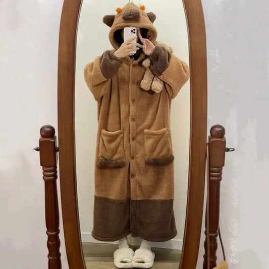 Capybara Winter Pajama Cartoon Cute Animal Soft Plush Jumpsuit For Adults Kawaii Velvet Pajama Night Robe Cosplay Clothes Gifts