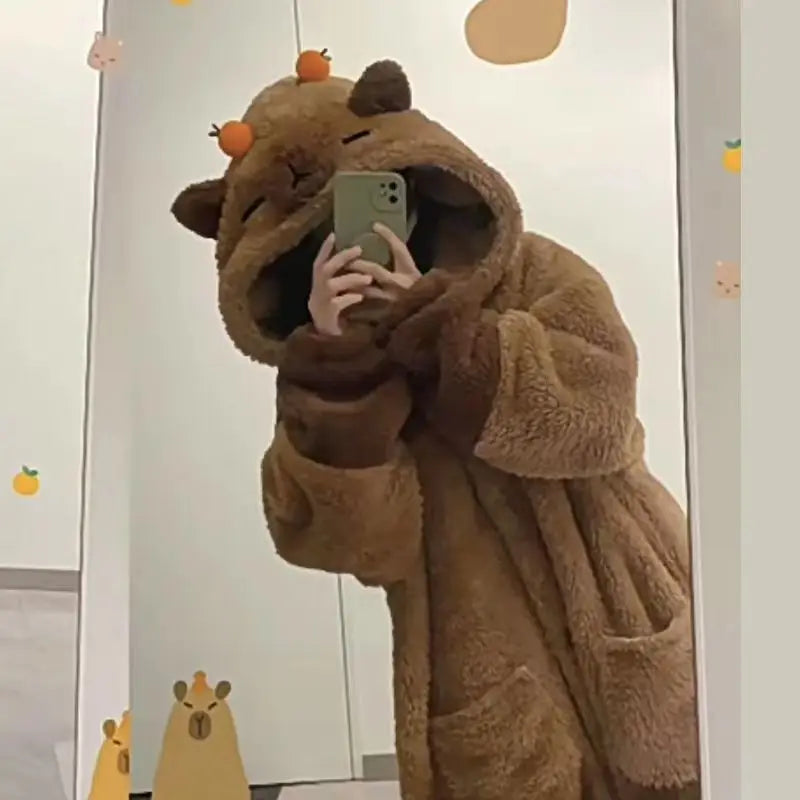 Capybara Winter Pajama Cartoon Cute Animal Soft Plush Jumpsuit For Adults Kawaii Velvet Pajama Night Robe Cosplay Clothes Gifts
